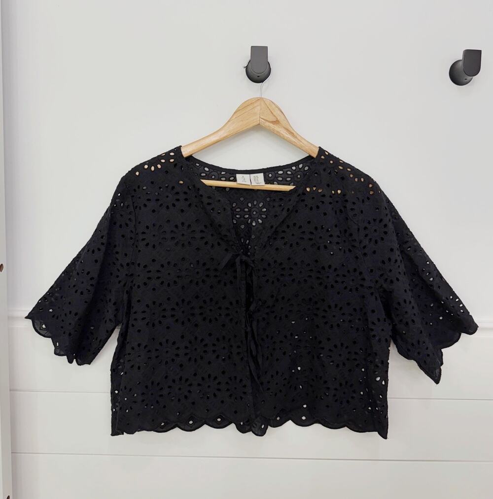 Women’s Joie Black Embroidered Eyelet Trim Tie Front Blouse Top XL